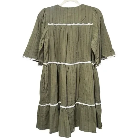 Annie Wear Olive Tiered Mini Babydoll Dress Pockets Short Sleeve NWT - Picture 11 of 15